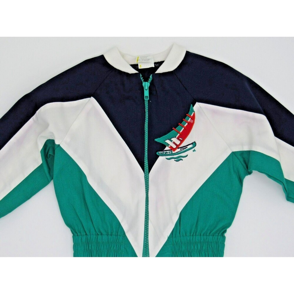 Vintage 90s Kids Colorblock Sailboat Jacket 2T Unisex Navy Green White Retro